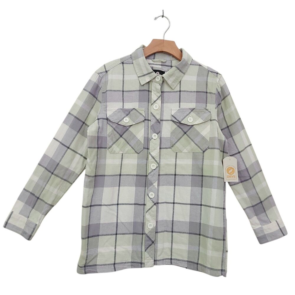 Dravus Flannel Shirt Womens Small Green Plaid Long Sleeve Cotton Soft Casual